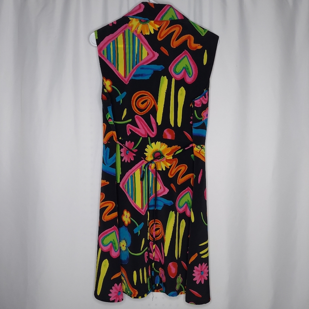 90's Vtg LABelle Button Collar Dress Multicolor Print Tie Sleeveless Midi 13 USA - Picture 2 of 12